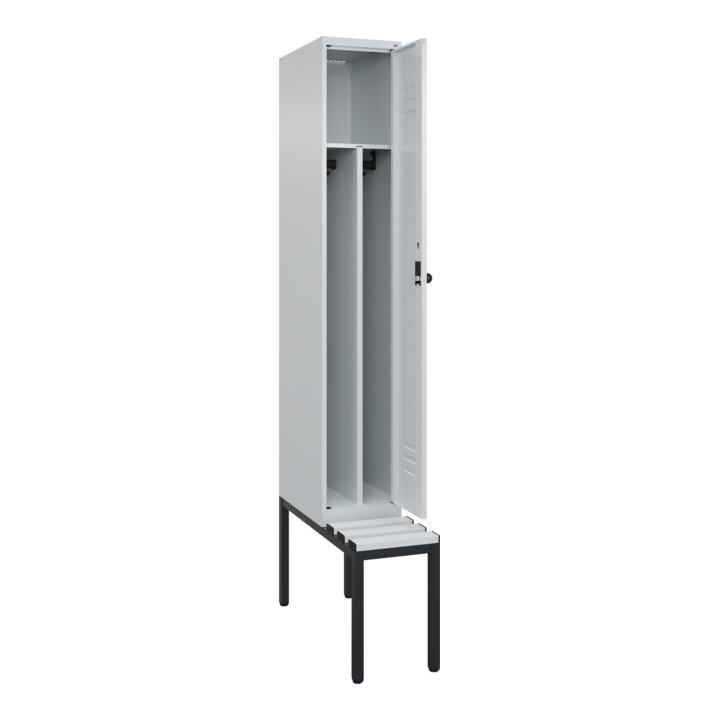 C+P Spind Classic PLUS, Bank, 1 Abteil, 2120x300x815mm, 7035/7035 Verschluss Sicherheits-Drehriegel 4 Garderobenhaken Trennwand mittig Dekor Banklatten RAL 7035 Lichtgrau Sitzbanktyp untergebaut