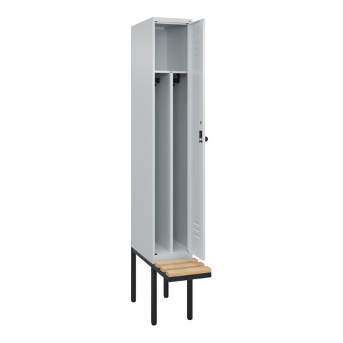 C+P Spind Classic PLUS, Bank, 1 Abteil, 2120x300x815mm, 7035/7035 Verschluss Sicherheits-Drehriegel 4 Garderobenhaken Trennwand mittig  Sitzbanktyp auskragend
