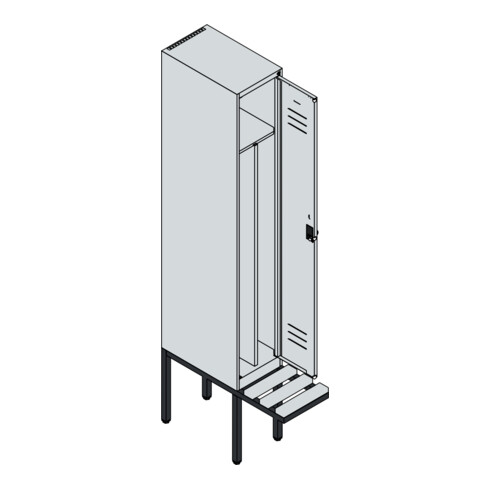 C+P Spind Classic PLUS, Bank, 1 Abteil, 2120x300x815mm, 7035/7035 Verschluss Sicherheits-Drehriegel 4 Garderobenhaken Trennwand mittig  Sitzbanktyp auskragend