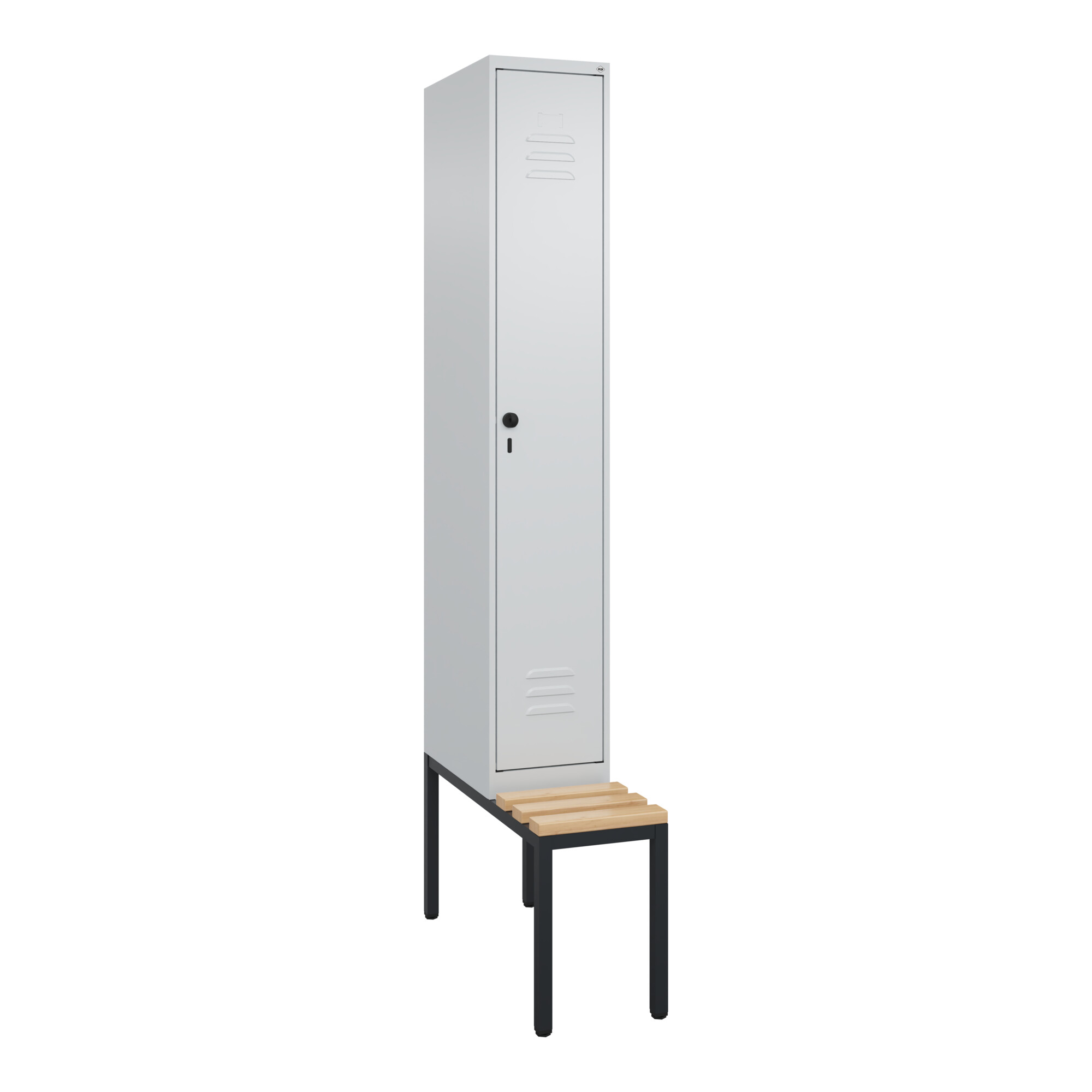 C+P Spind Classic PLUS, Bank, 1 Abteil, 2120x300x815mm, 7035/7035 Verschluss Sicherheits-Drehriegel 4 Garderobenhaken Trennwand mittig Sitzbanktyp un