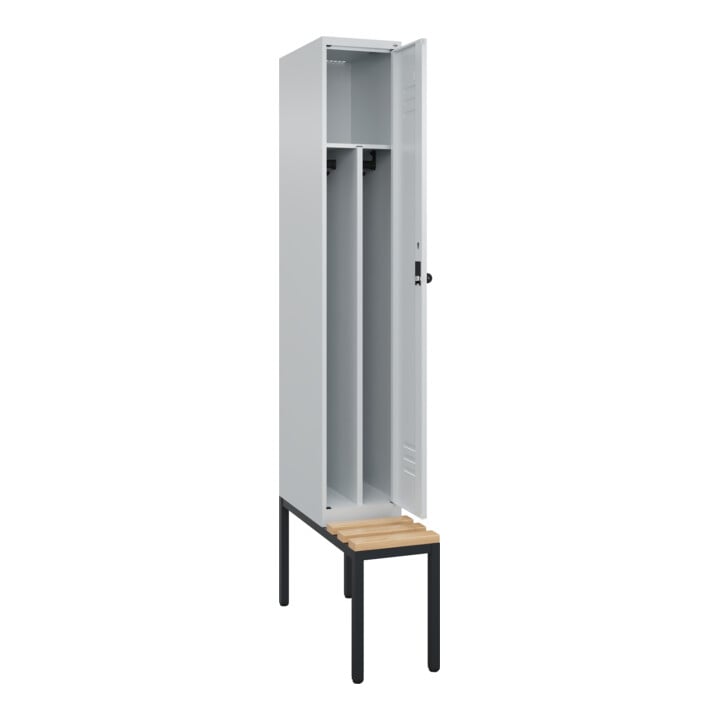 C+P Spind Classic PLUS, Bank, 1 Abteil, 2120x300x815mm, 7035/7035 Verschluss Sicherheits-Drehriegel 4 Garderobenhaken Trennwand mittig  Sitzbanktyp untergebaut