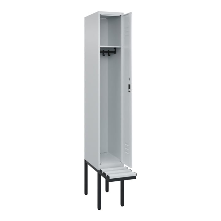 C+P Spind Classic PLUS, Bank, 1 Abteil, 2120x300x815mm, 7035/7035 Verschluss Zylinderschloss 3 Garderobenhaken  Dekor Banklatten RAL 7035 Lichtgrau Sitzbanktyp auskragend
