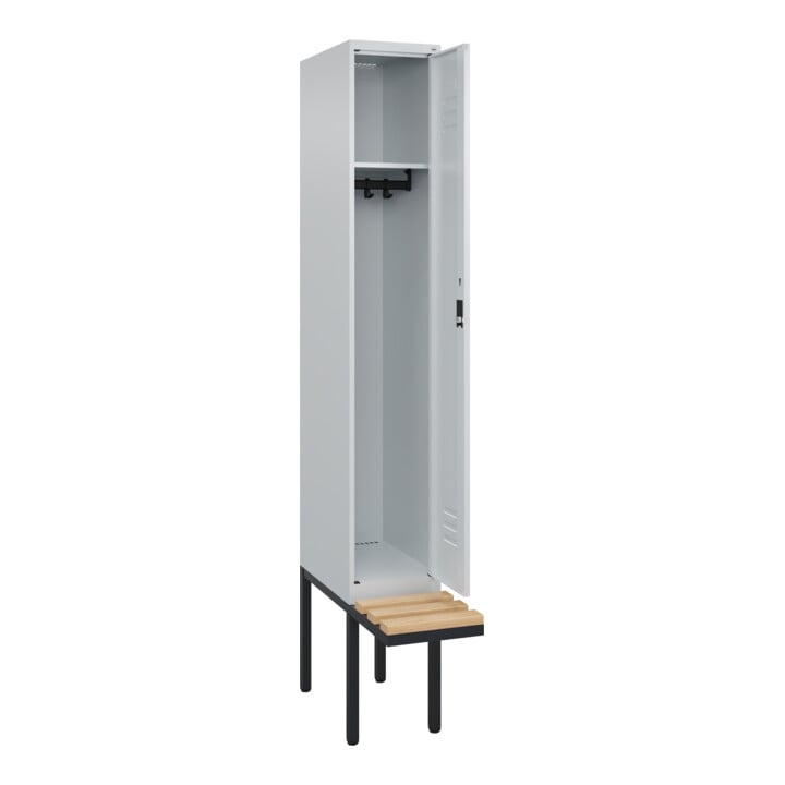 C+P Spind Classic PLUS, Bank, 1 Abteil, 2120x300x815mm, 7035/7035 Verschluss Zylinderschloss 3 Garderobenhaken   Sitzbanktyp auskragend