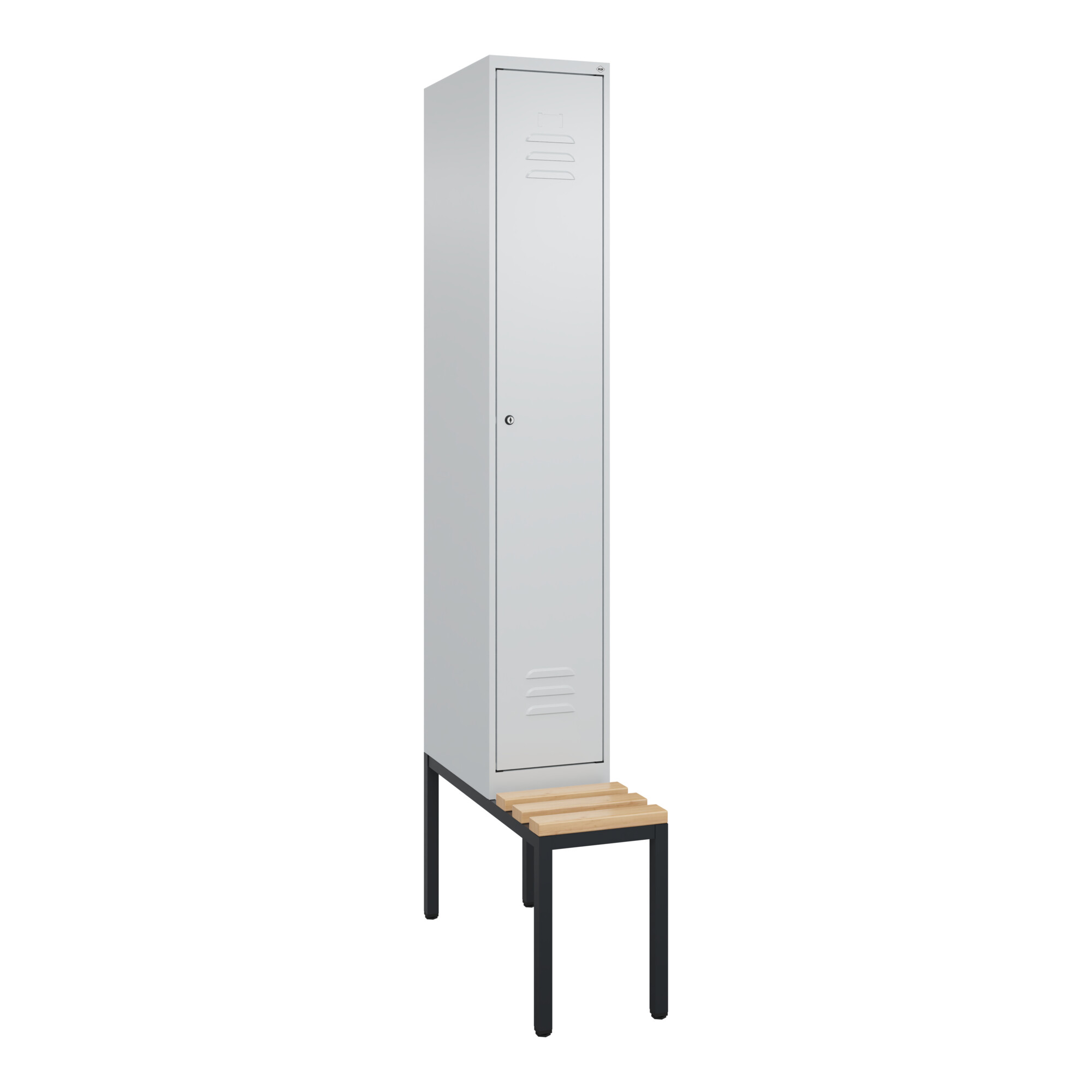 C+P Spind Classic PLUS, Bank, 1 Abteil, 2120x300x815mm, 7035/7035 Verschluss Zylinderschloss 3 Garderobenhaken Sitzbanktyp untergebaut ; C + P Möbel