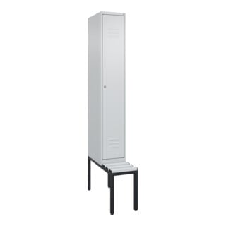 C+P Spind Classic PLUS, Bank, 1 Abteil, 2120x300x815mm, 7035/7035 Verschluss Zylinderschloss 4 Garderobenhaken Trennwand mittig Dekor Banklatten RAL 7035 Lichtgrau Sitzbanktyp untergebaut