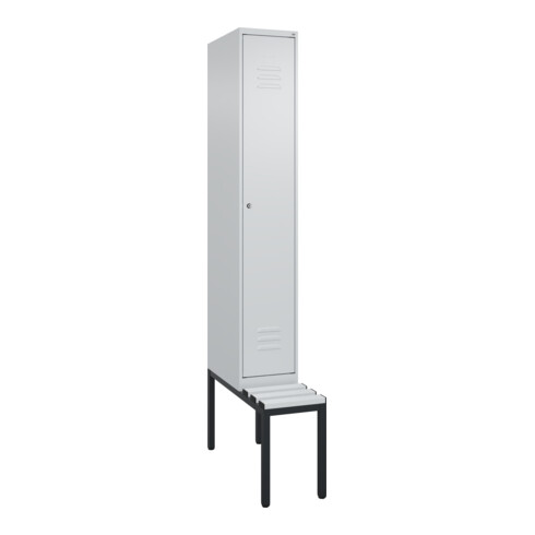C+P Spind Classic PLUS, Bank, 1 Abteil, 2120x300x815mm, 7035/7035 Verschluss Zylinderschloss 4 Garderobenhaken Trennwand mittig Dekor Banklatten RAL 7035 Lichtgrau Sitzbanktyp untergebaut