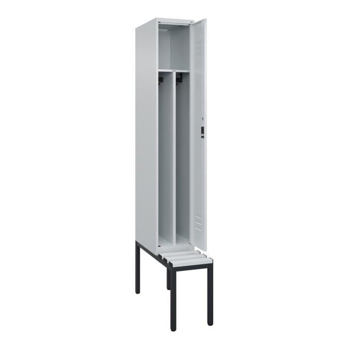 C+P Spind Classic PLUS, Bank, 1 Abteil, 2120x300x815mm, 7035/7035 Verschluss Zylinderschloss 4 Garderobenhaken Trennwand mittig Dekor Banklatten RAL 7035 Lichtgrau Sitzbanktyp untergebaut