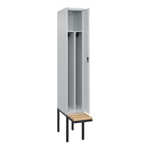 C+P Spind Classic PLUS, Bank, 1 Abteil, 2120x300x815mm, 7035/7035 Verschluss Zylinderschloss 4 Garderobenhaken Trennwand mittig  Sitzbanktyp auskragend