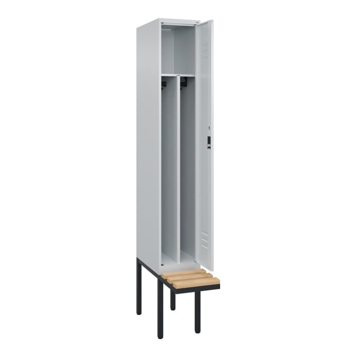 C+P Spind Classic PLUS, Bank, 1 Abteil, 2120x300x815mm, 7035/7035 Verschluss Zylinderschloss 4 Garderobenhaken Trennwand mittig  Sitzbanktyp auskragend