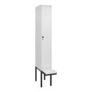C+P Spind Classic PLUS, Bank, 1 Abteil, 2120x300x815mm, 9016/9016 Verschluss Sicherheits-Drehriegel 4 Garderobenhaken Trennwand mittig Dekor Banklatten RAL 9010 Reinweiß Sitzbanktyp auskragend