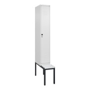 C+P Spind Classic PLUS, Bank, 1 Abteil, 2120x300x815mm, 9016/9016 Verschluss Sicherheits-Drehriegel 4 Garderobenhaken Trennwand mittig Dekor Banklatten RAL 9010 Reinweiß Sitzbanktyp untergebaut