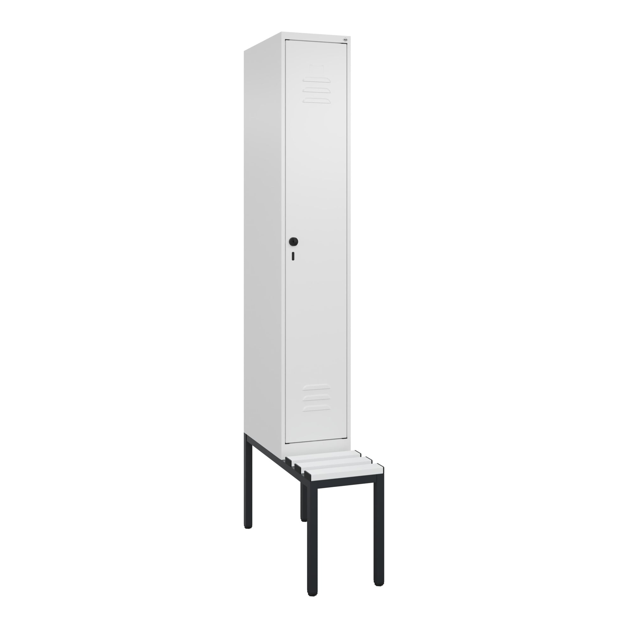 C+P Spind Classic PLUS, Bank, 1 Abteil, 2120x300x815mm, 9016/9016 Verschluss Sicherheits-Drehriegel 4 Garderobenhaken Trennwand mittig Dekor Banklatte