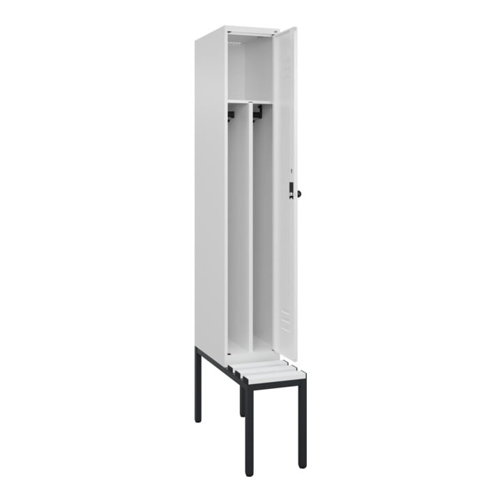 C+P Spind Classic PLUS, Bank, 1 Abteil, 2120x300x815mm, 9016/9016 Verschluss Sicherheits-Drehriegel 4 Garderobenhaken Trennwand mittig Dekor Banklatten RAL 9010 Reinweiß Sitzbanktyp untergebaut