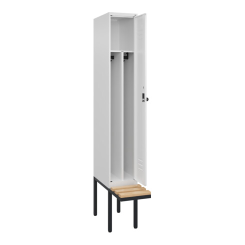 C+P Spind Classic PLUS, Bank, 1 Abteil, 2120x300x815mm, 9016/9016 Verschluss Sicherheits-Drehriegel 4 Garderobenhaken Trennwand mittig  Sitzbanktyp auskragend