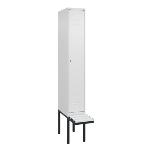 C+P Spind Classic PLUS, Bank, 1 Abteil, 2120x300x815mm, 9016/9016 Verschluss Zylinderschloss 3 Garderobenhaken  Dekor Banklatten RAL 9010 Reinweiß Sitzbanktyp auskragend