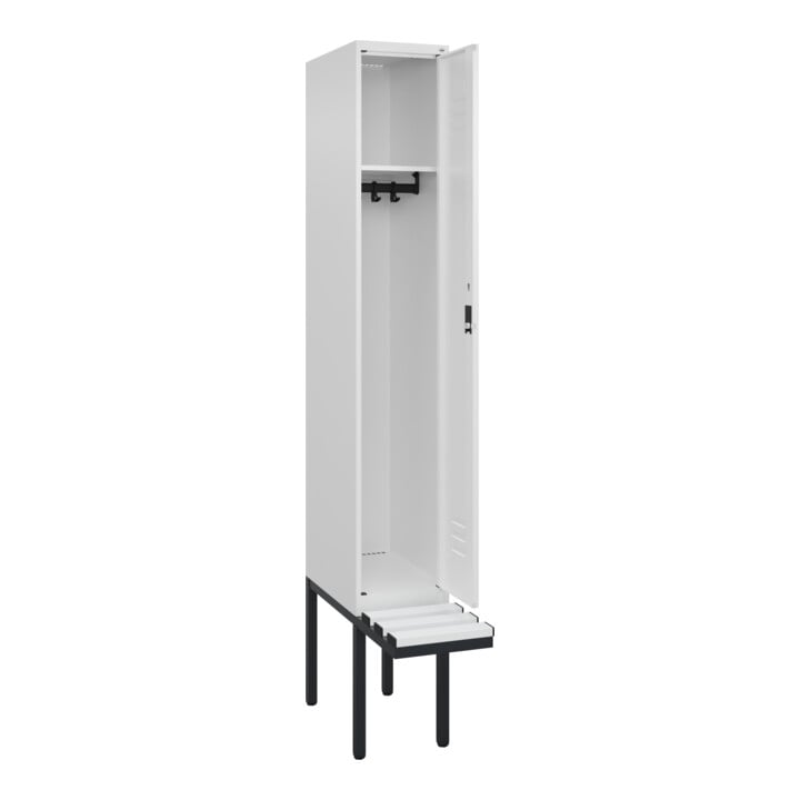 C+P Spind Classic PLUS, Bank, 1 Abteil, 2120x300x815mm, 9016/9016 Verschluss Zylinderschloss 3 Garderobenhaken  Dekor Banklatten RAL 9010 Reinweiß Sitzbanktyp auskragend