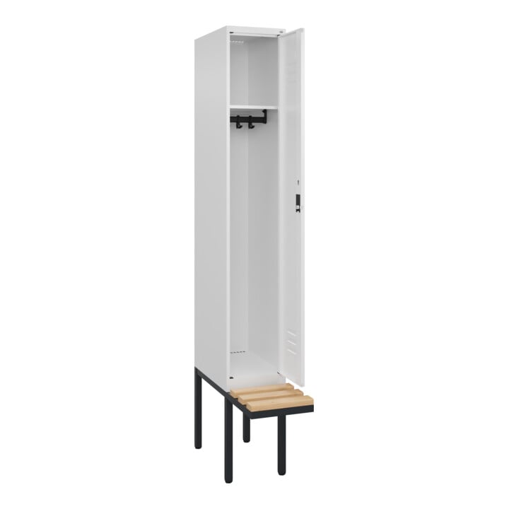 C+P Spind Classic PLUS, Bank, 1 Abteil, 2120x300x815mm, 9016/9016 Verschluss Zylinderschloss 3 Garderobenhaken   Sitzbanktyp auskragend