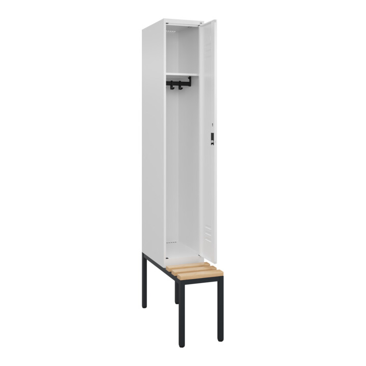 C+P Spind Classic PLUS, Bank, 1 Abteil, 2120x300x815mm, 9016/9016 Verschluss Zylinderschloss 3 Garderobenhaken   Sitzbanktyp untergebaut