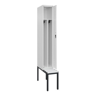C+P Spind Classic PLUS, Bank, 1 Abteil, 2120x300x815mm, 9016/9016 Verschluss Zylinderschloss 4 Garderobenhaken Trennwand mittig Dekor Banklatten RAL 9010 Reinweiß Sitzbanktyp untergebaut