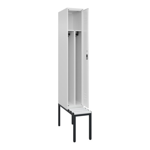 C+P Spind Classic PLUS, Bank, 1 Abteil, 2120x300x815mm, 9016/9016 Verschluss Zylinderschloss 4 Garderobenhaken Trennwand mittig Dekor Banklatten RAL 9010 Reinweiß Sitzbanktyp untergebaut