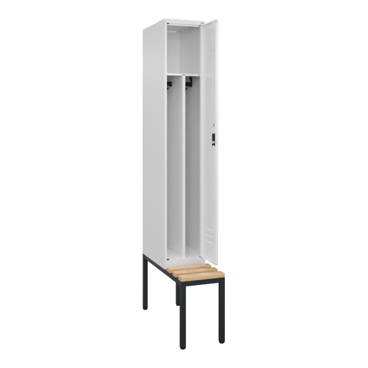 C+P Spind Classic PLUS, Bank, 1 Abteil, 2120x300x815mm, 9016/9016 Verschluss Zylinderschloss 4 Garderobenhaken Trennwand mittig  Sitzbanktyp untergebaut