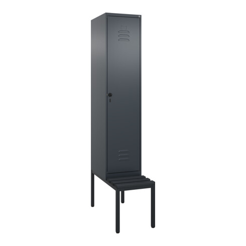 C+P Spind Classic PLUS, Bank, 1 Abteil, 2120x400x815mm, 7016/7016 Verschluss Sicherheits-Drehriegel 4 Garderobenhaken Trennwand mittig Dekor Banklatten RAL 7021 Schwarzgrau Sitzbanktyp untergebaut