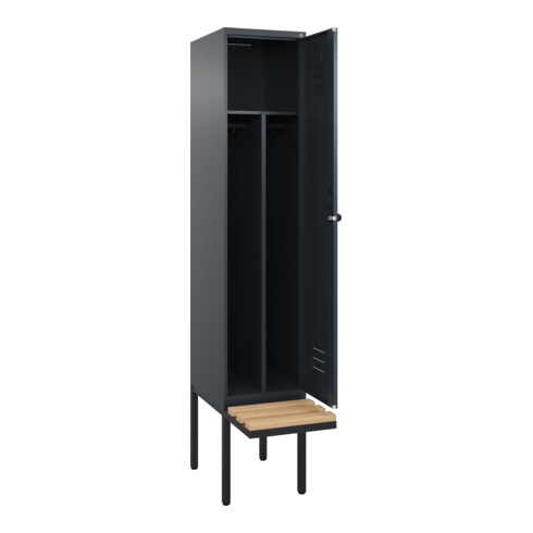 C+P Spind Classic PLUS, Bank, 1 Abteil, 2120x400x815mm, 7016/7016 Verschluss Sicherheits-Drehriegel 4 Garderobenhaken Trennwand mittig  Sitzbanktyp auskragend