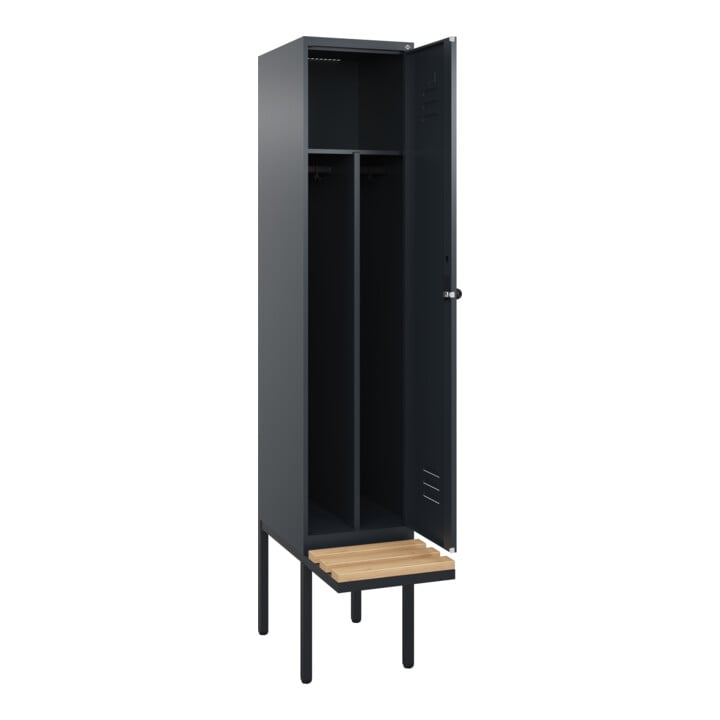 C+P Spind Classic PLUS, Bank, 1 Abteil, 2120x400x815mm, 7016/7016 Verschluss Sicherheits-Drehriegel 4 Garderobenhaken Trennwand mittig  Sitzbanktyp auskragend