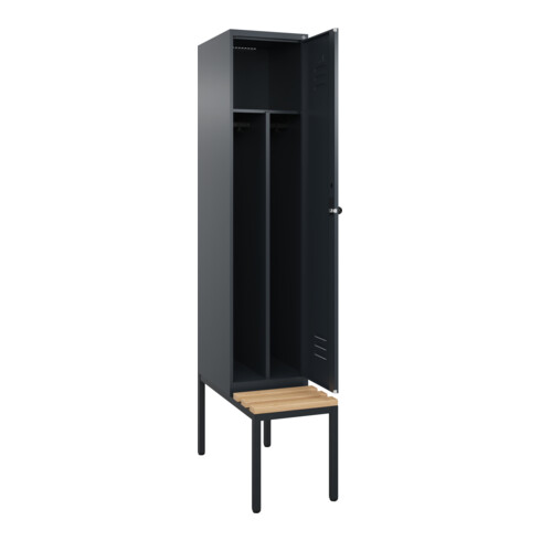 C+P Spind Classic PLUS, Bank, 1 Abteil, 2120x400x815mm, 7016/7016 Verschluss Sicherheits-Drehriegel 4 Garderobenhaken Trennwand mittig  Sitzbanktyp untergebaut