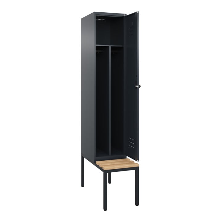 C+P Spind Classic PLUS, Bank, 1 Abteil, 2120x400x815mm, 7016/7016 Verschluss Sicherheits-Drehriegel 4 Garderobenhaken Trennwand mittig  Sitzbanktyp untergebaut