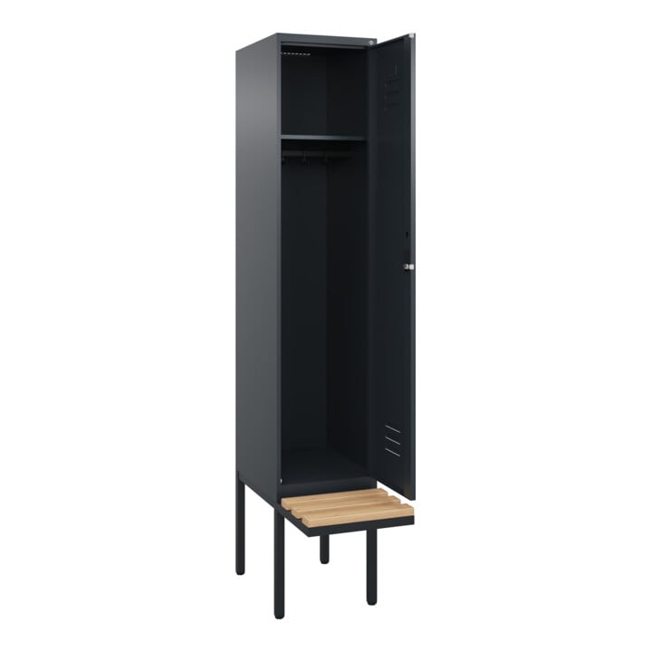 C+P Spind Classic PLUS, Bank, 1 Abteil, 2120x400x815mm, 7016/7016 Verschluss Zylinderschloss 4 Garderobenhaken   Sitzbanktyp auskragend