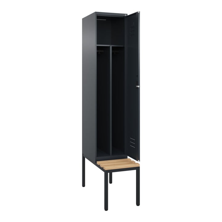 C+P Spind Classic PLUS, Bank, 1 Abteil, 2120x400x815mm, 7016/7016 Verschluss Zylinderschloss 4 Garderobenhaken Trennwand mittig  Sitzbanktyp untergebaut