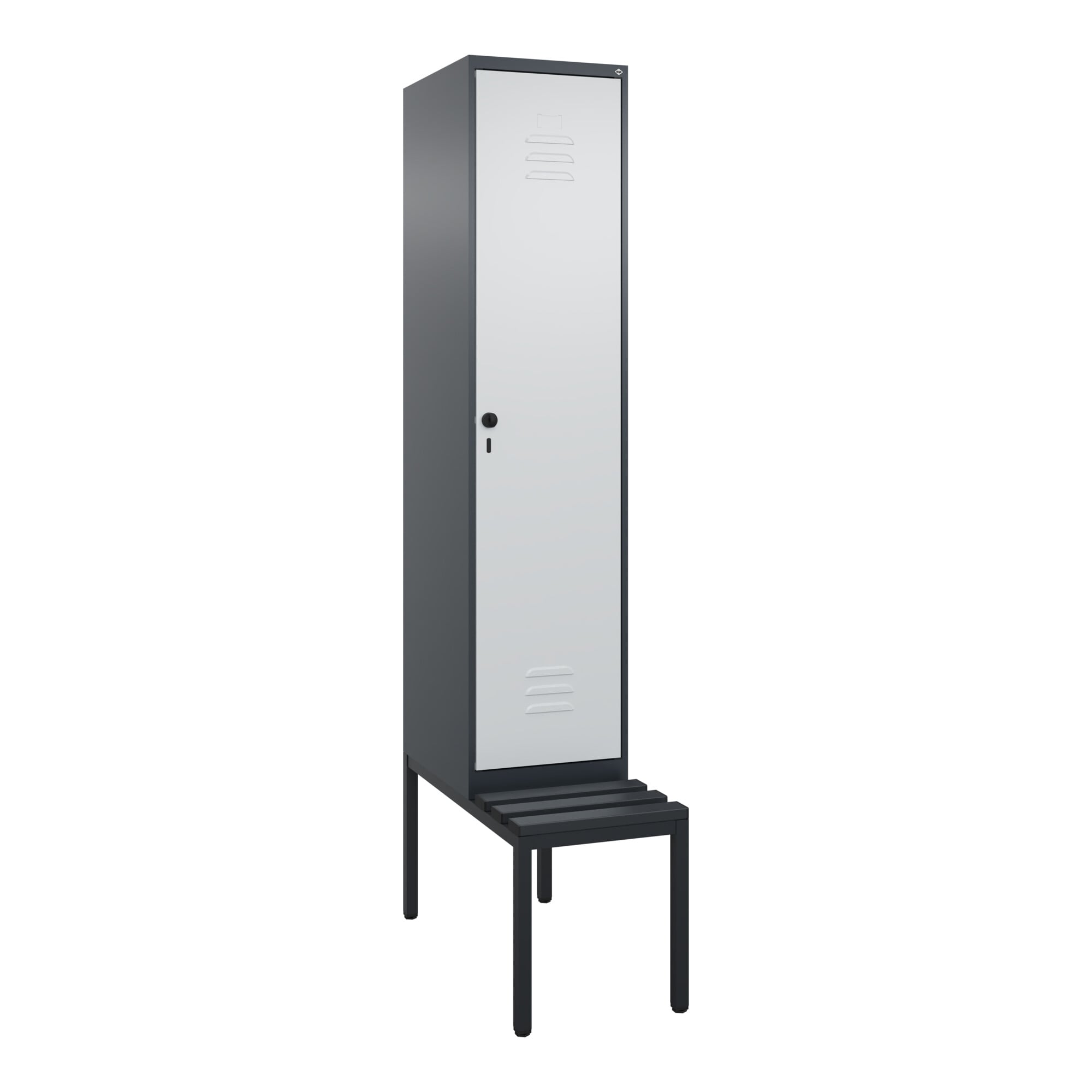C+P Spind Classic PLUS, Bank, 1 Abteil, 2120x400x815mm, 7016/7035 Verschluss Sicherheits-Drehriegel 4 Garderobenhaken Dekor Banklatten RAL 7021 Schwa