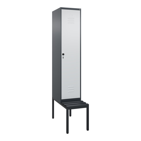 C+P Spind Classic PLUS, Bank, 1 Abteil, 2120x400x815mm, 7016/7035 Verschluss Sicherheits-Drehriegel 4 Garderobenhaken Trennwand mittig Dekor Banklatten RAL 7021 Schwarzgrau Sitzbanktyp untergebaut