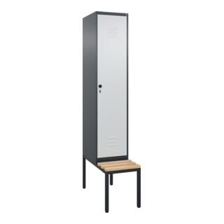 C+P Spind Classic PLUS, Bank, 1 Abteil, 2120x400x815mm, 7016/7035 Verschluss Sicherheits-Drehriegel 4 Garderobenhaken Trennwand mittig  Sitzbanktyp untergebaut