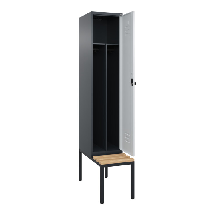 C+P Spind Classic PLUS, Bank, 1 Abteil, 2120x400x815mm, 7016/7035 Verschluss Sicherheits-Drehriegel 4 Garderobenhaken Trennwand mittig  Sitzbanktyp untergebaut