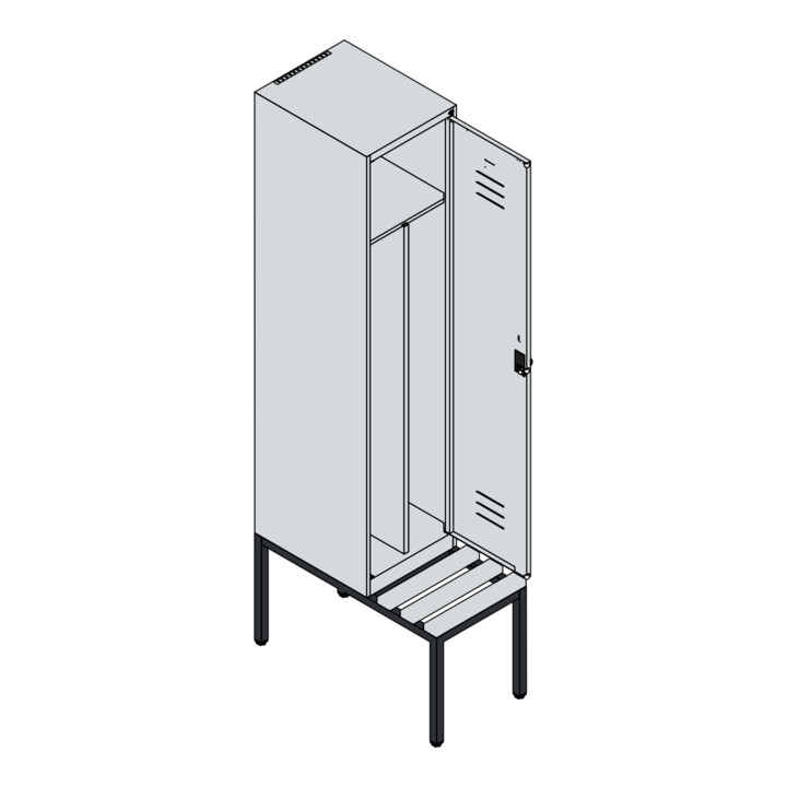 C+P Spind Classic PLUS, Bank, 1 Abteil, 2120x400x815mm, 7016/7035 Verschluss Sicherheits-Drehriegel 4 Garderobenhaken Trennwand mittig  Sitzbanktyp untergebaut