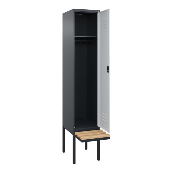C+P Spind Classic PLUS, Bank, 1 Abteil, 2120x400x815mm, 7016/7035 Verschluss Zylinderschloss 4 Garderobenhaken   Sitzbanktyp auskragend