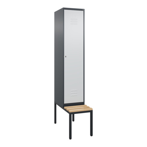 C+P Spind Classic PLUS, Bank, 1 Abteil, 2120x400x815mm, 7016/7035 Verschluss Zylinderschloss 4 Garderobenhaken Trennwand mittig  Sitzbanktyp untergebaut