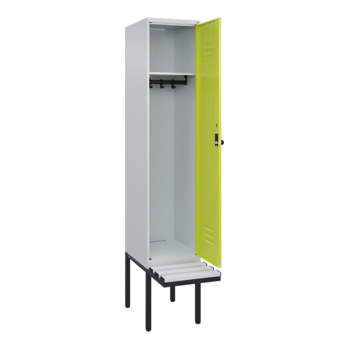 C+P Spind Classic PLUS, Bank, 1 Abteil, 2120x400x815mm, 7035/0024 Verschluss Sicherheits-Drehriegel 4 Garderobenhaken  Dekor Banklatten RAL 7035 Lichtgrau Sitzbanktyp auskragend
