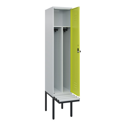 C+P Spind Classic PLUS, Bank, 1 Abteil, 2120x400x815mm, 7035/0024 Verschluss Sicherheits-Drehriegel 4 Garderobenhaken Trennwand mittig Dekor Banklatten RAL 7035 Lichtgrau Sitzbanktyp auskragend