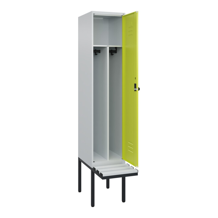 C+P Spind Classic PLUS, Bank, 1 Abteil, 2120x400x815mm, 7035/0024 Verschluss Sicherheits-Drehriegel 4 Garderobenhaken Trennwand mittig Dekor Banklatten RAL 7035 Lichtgrau Sitzbanktyp auskragend