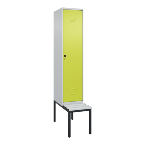 C+P Spind Classic PLUS, Bank, 1 Abteil, 2120x400x815mm, 7035/0024 Verschluss Sicherheits-Drehriegel 4 Garderobenhaken Trennwand mittig Dekor Banklatten RAL 7035 Lichtgrau Sitzbanktyp untergebaut