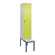 C+P Spind Classic PLUS, Bank, 1 Abteil, 2120x400x815mm, 7035/0024 Verschluss Sicherheits-Drehriegel 4 Garderobenhaken Trennwand mittig Dekor Banklatten RAL 7035 Lichtgrau Sitzbanktyp untergebaut