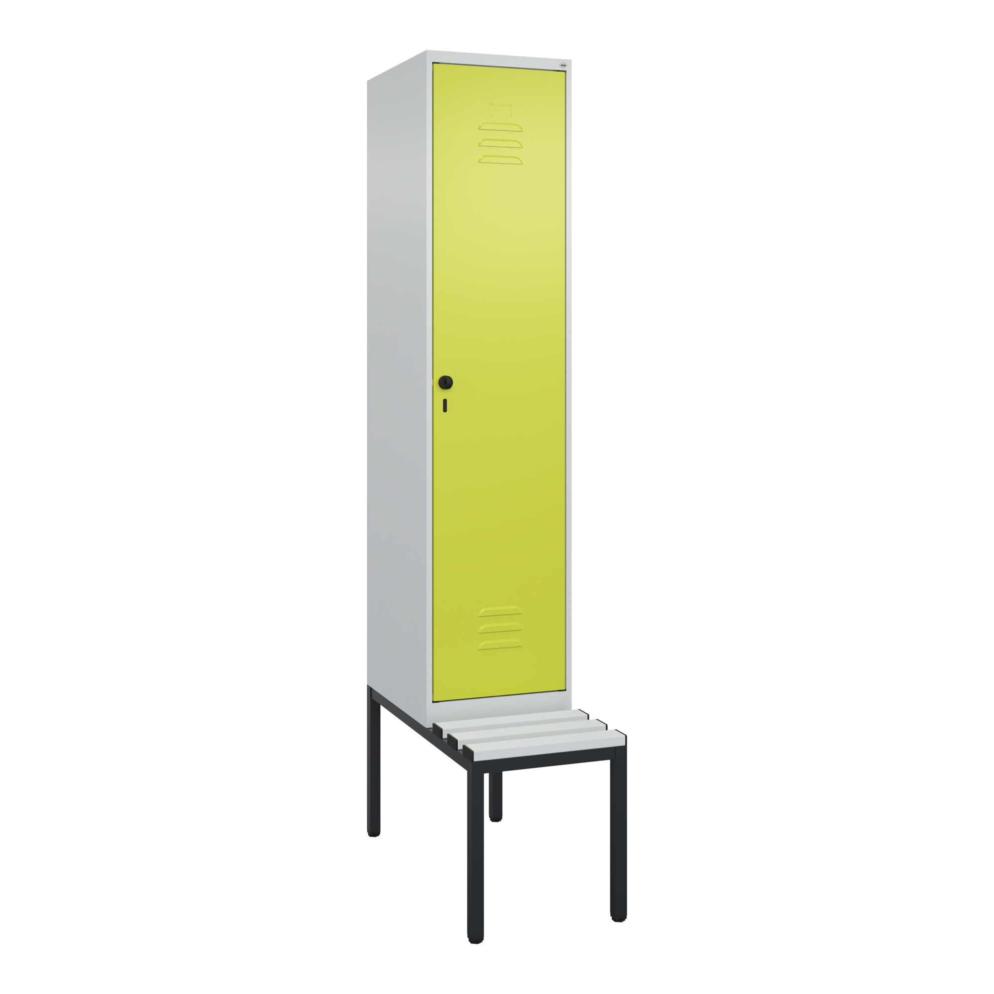 C+P Spind Classic PLUS, Bank, 1 Abteil, 2120x400x815mm, 7035/0024 Verschluss Sicherheits-Drehriegel 4 Garderobenhaken Trennwand mittig Dekor Banklatte