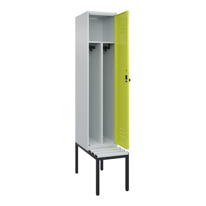 C+P Spind Classic PLUS, Bank, 1 Abteil, 2120x400x815mm, 7035/0024 Verschluss Sicherheits-Drehriegel 4 Garderobenhaken Trennwand mittig Dekor Banklatten RAL 7035 Lichtgrau Sitzbanktyp untergebaut