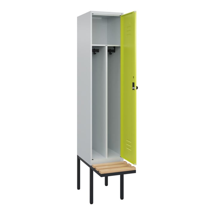 C+P Spind Classic PLUS, Bank, 1 Abteil, 2120x400x815mm, 7035/0024 Verschluss Sicherheits-Drehriegel 4 Garderobenhaken Trennwand mittig  Sitzbanktyp auskragend