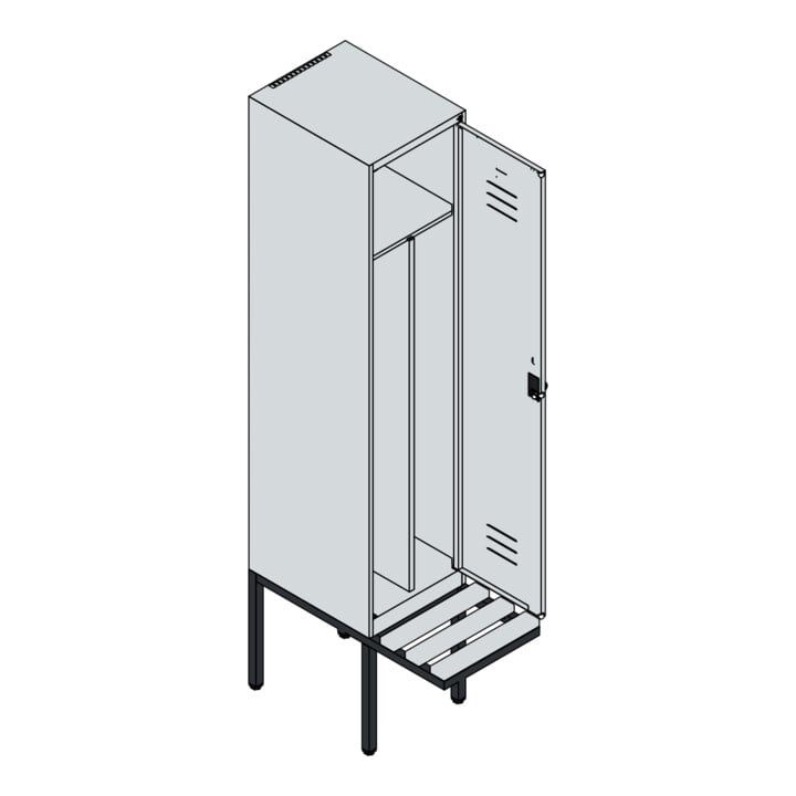 C+P Spind Classic PLUS, Bank, 1 Abteil, 2120x400x815mm, 7035/0024 Verschluss Sicherheits-Drehriegel 4 Garderobenhaken Trennwand mittig  Sitzbanktyp auskragend