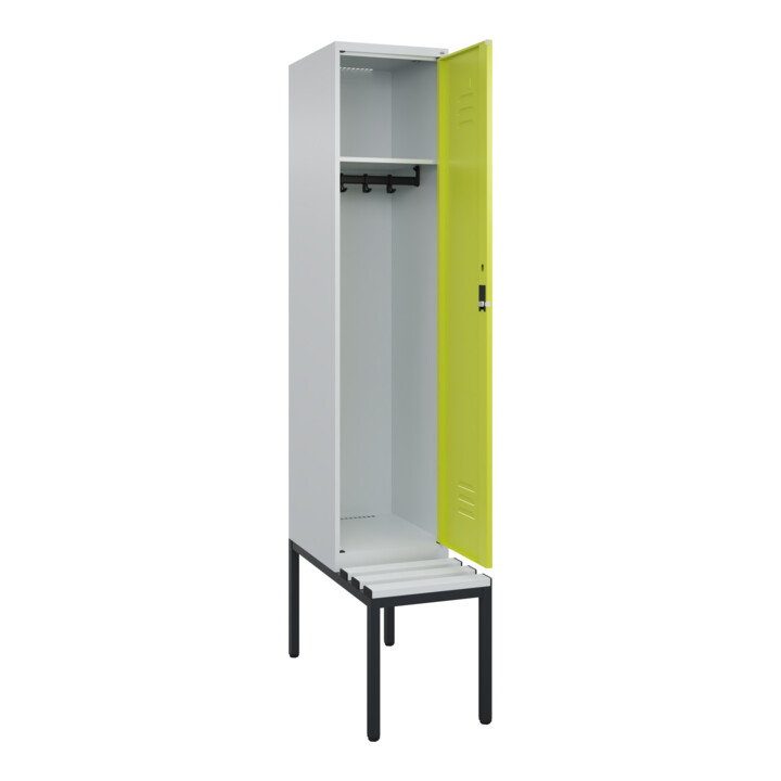 C+P Spind Classic PLUS, Bank, 1 Abteil, 2120x400x815mm, 7035/0024 Verschluss Zylinderschloss 4 Garderobenhaken  Dekor Banklatten RAL 7035 Lichtgrau Sitzbanktyp untergebaut