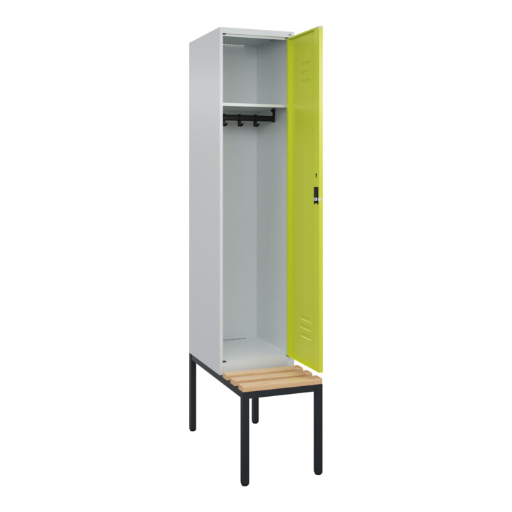 C+P Spind Classic PLUS, Bank, 1 Abteil, 2120x400x815mm, 7035/0024 Verschluss Zylinderschloss 4 Garderobenhaken   Sitzbanktyp untergebaut